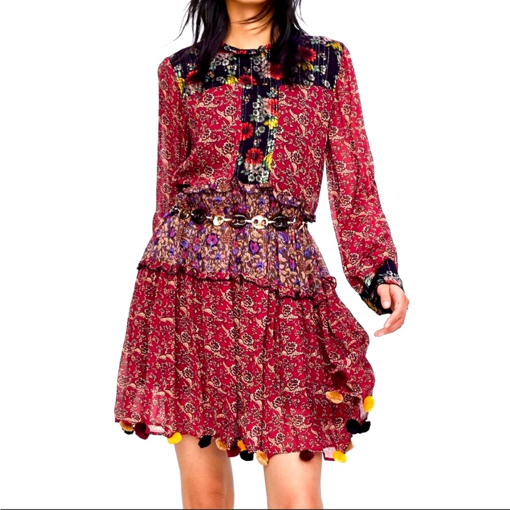 Zara Long Multi-Pattern Silky Pom-Pom Dress Size Medium